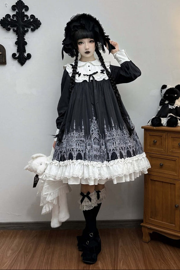 【10月13日予約締切】Gothic Lolita Black White Cathedral Series Accessories(Flat Hat, Crown Mini Hat, Sash, Back Ribbon Train, Waist Apron, Castle Flower Brooch, Brooch, Jabot)