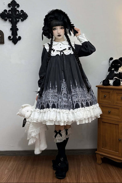【10月13日予約締切】Gothic Lolita Black White Cathedral Series Accessories(Flat Hat, Crown Mini Hat, Sash, Back Ribbon Train, Waist Apron, Castle Flower Brooch, Brooch, Jabot)