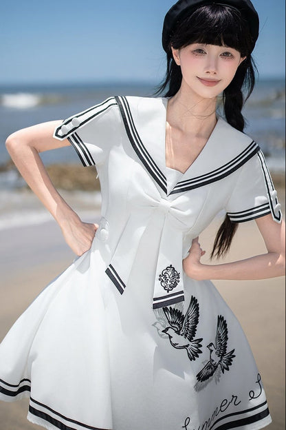 【10月1日予約締切】Blue/White Sailor Collar Bird Embroidery Lolita Bow Dress