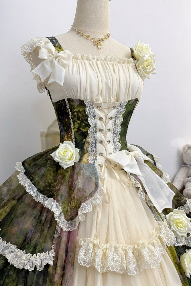 【8月23日予約締切】Elegant Forest Floral Oil Painting Print Classical Lolita Tiered JKS Dress Type 1/2