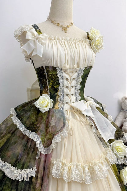 【8月23日予約締切】Elegant Forest Floral Oil Painting Print Classical Lolita Tiered JKS Dress Type 1/2