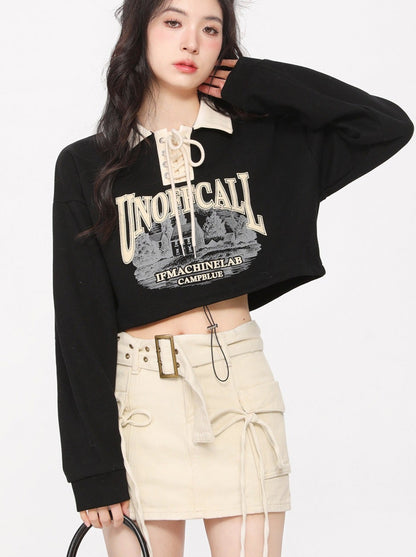New Style Letter Printed Lapel Short Loose Top