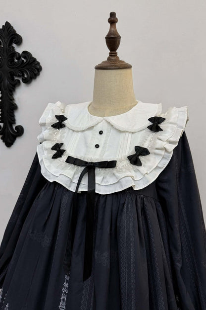 【10月13日予約締切】Gothic Doll Black White Cathedral Print Lace Trim Lolita Op Dress+ Full Dress Set (Flat Hat, Sash, Castle Flower Brooch)