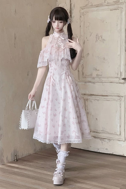 [Preorder Deadline: June 15] Pink Floral Chiffon Lace Jeweled Ribbon Open-Shoulder Long Dress