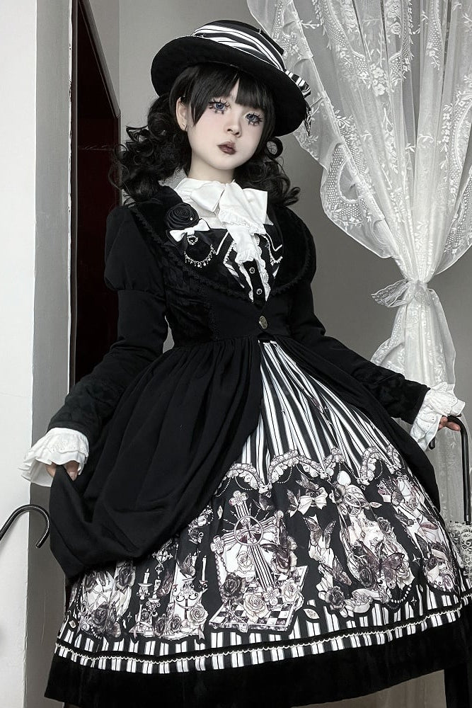 【10月3日予約締切】Black/White Elegant Gothic Lace Puff Sleeve Shirt with Detachable Sleeves and Bow Tie