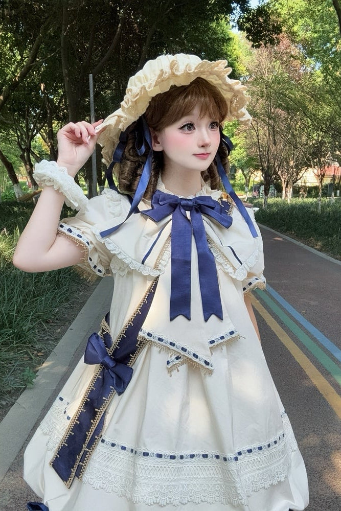 【9月19日予約締切】Pink x Beige / Dark Blue x Beige Doll Style Sweet Lolita Bow Lace Puff Sleeve Dress + Dress Set + Full Set