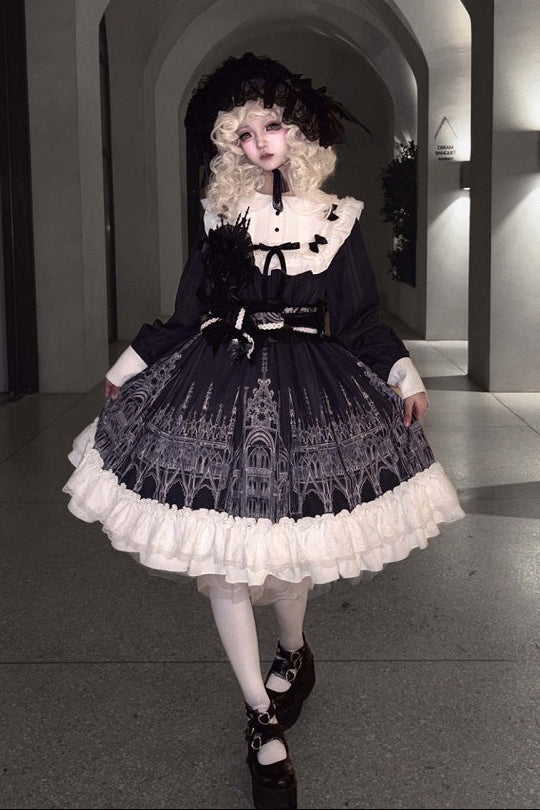 【10月13日予約締切】Gothic Doll Black White Cathedral Print Lace Trim Lolita Op Dress+ Full Dress Set (Flat Hat, Sash, Castle Flower Brooch)
