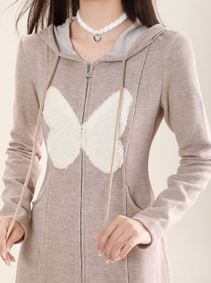 butterfly hooded zip knit dress