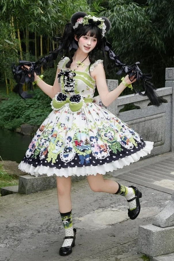 [Pre-order Deadline: October 25] Pink/Green Chinoiserie Lolita Sweet Panda Ear Bow High-Waist Tiered JSK Dress + Bow-Waist Panda Print Dress