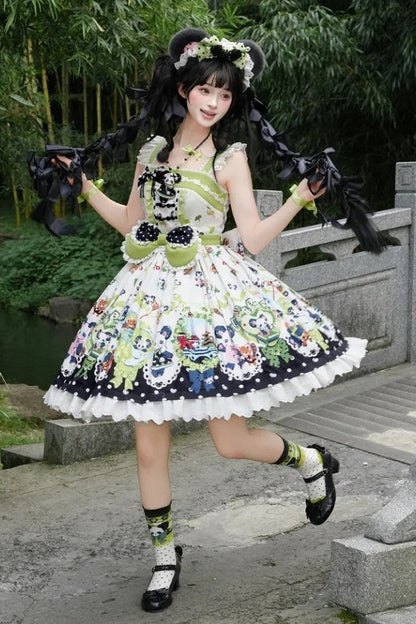 [Pre-order Deadline: October 25] Pink/Green Chinoiserie Lolita Sweet Panda Ear Bow High-Waist Tiered JSK Dress + Bow-Waist Panda Print Dress