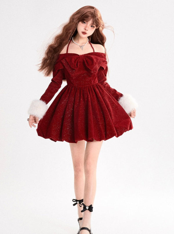 Goldeneye Red Halter Neck Retro Velvet Dress