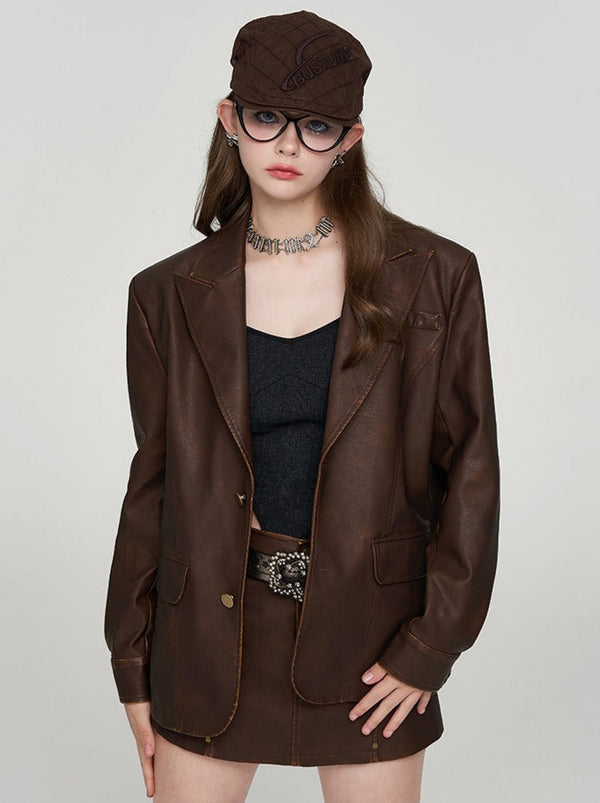 Antique high-end tailored leather jacket + skirt