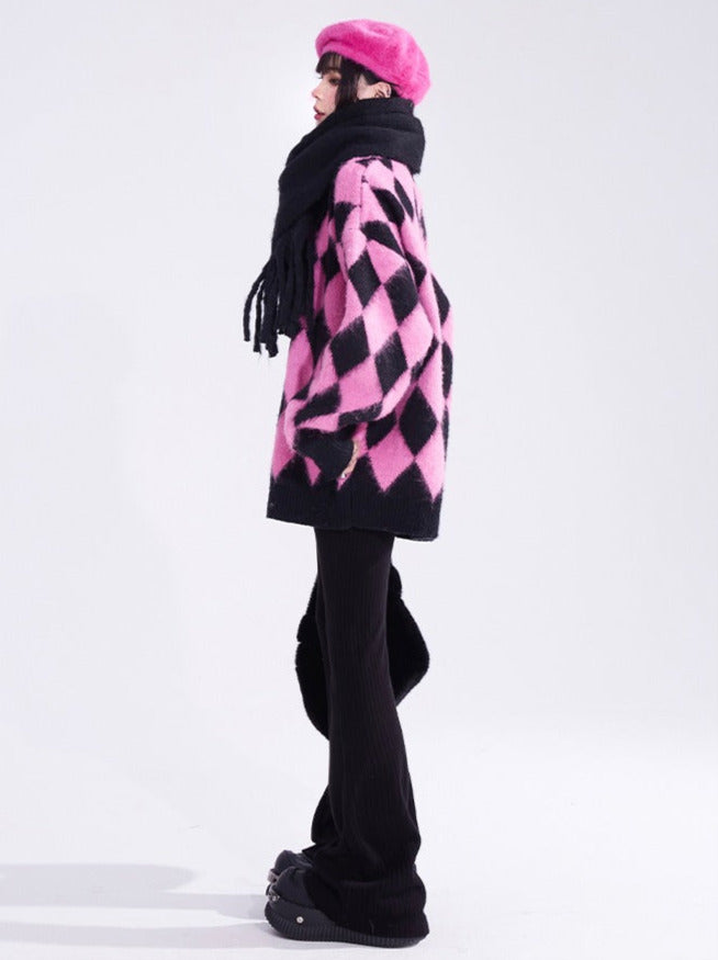 Pink Diamond Check Lazy Style Mohair V-Neck Knit Cardigan