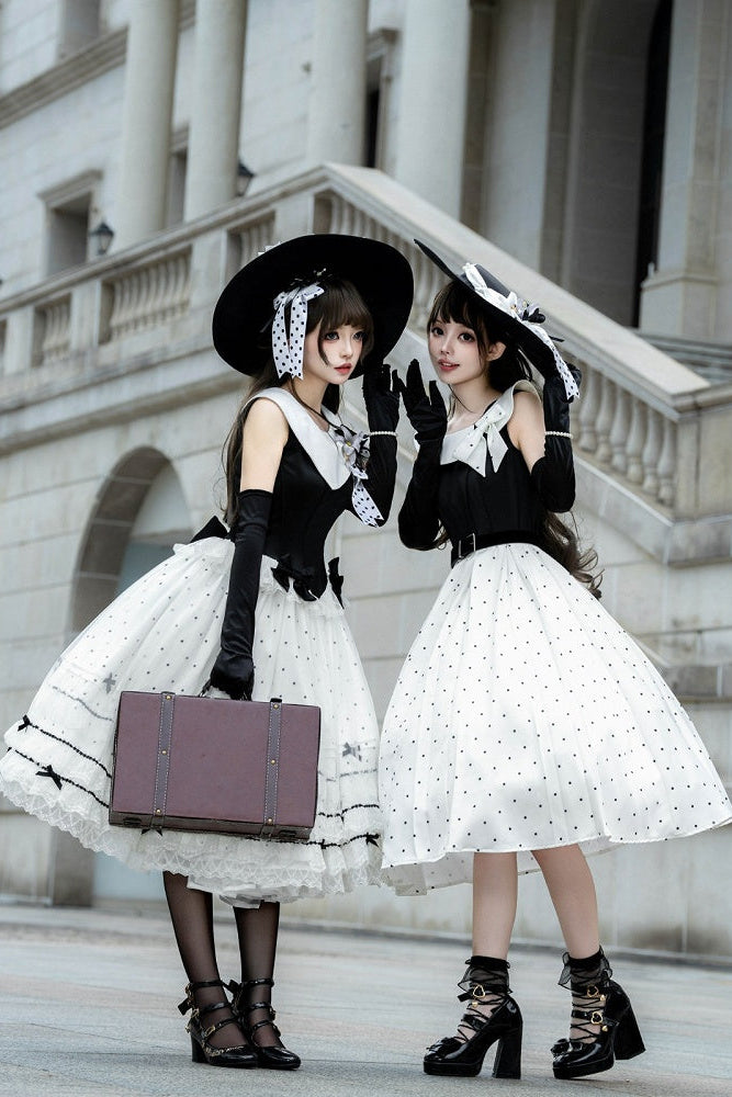 [Reservierungsfrist: 17. August] Elegantes klassisches Lolita-Kleid mit Polka Dots und Schleife (mit Schnallengürtel & Schleifenbrosche)