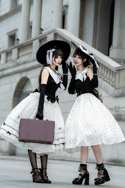 [Reservierungsfrist: 17. August] Elegantes klassisches Lolita-Kleid mit Polka Dots und Schleife (mit Schnallengürtel & Schleifenbrosche)