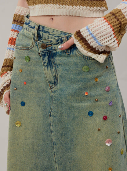 American Retro Colorful Button Slit A-Line High Waist Denim Skirt