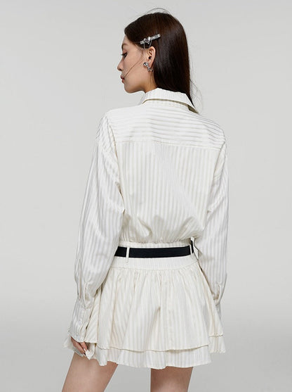 Romantic White Waist Slim Striped Shirt Dress