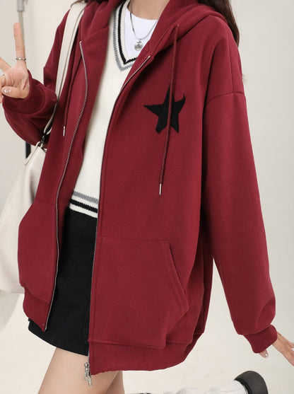 Star Zip Hooded Loose Sweatshirt Hoodie