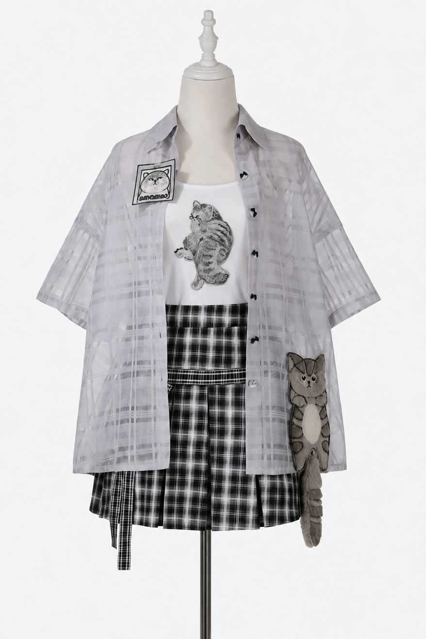 Kitten Check School Top and Skirt Set-Up