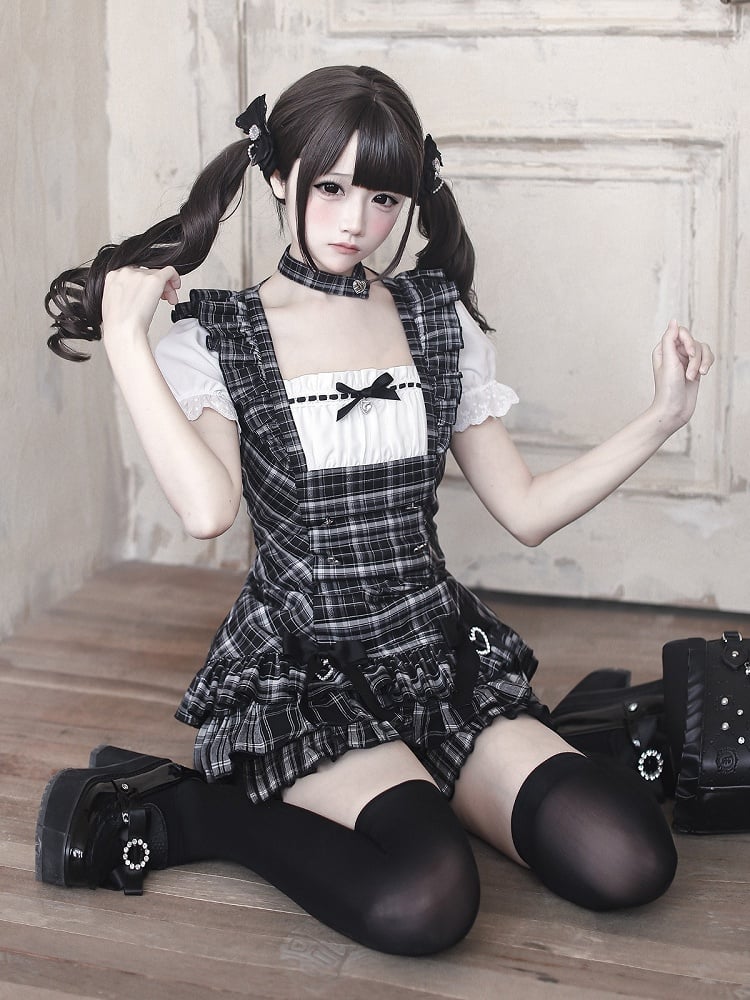 【4月29日予約締切】ブラックチェックフリルリボンパフスリーブミニドレスセットアップ＋チョーカー