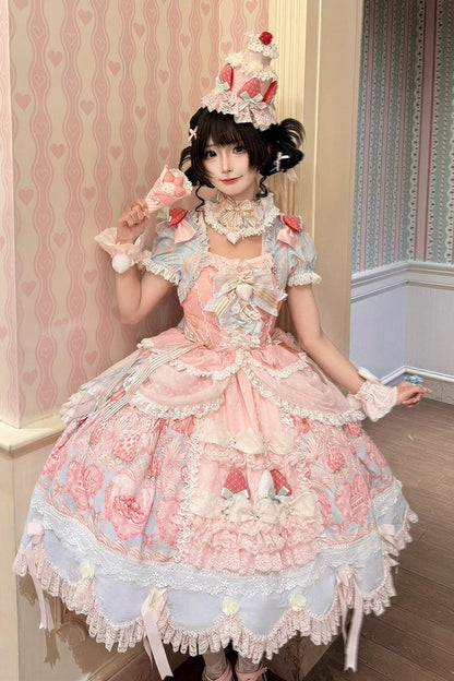 【6月26日予約締切】ストロベリーエンジェルスイートロリータプルアップチュールレイヤードOpドレス（ベルスリーブ付き）