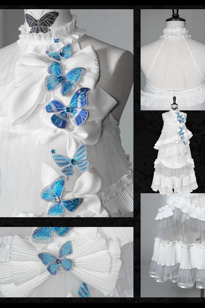 [Pre-order Deadline: October 14] Black/White Gothic Lolita Blue Butterfly Bow Tulle Ruffle Layered Halter Dress