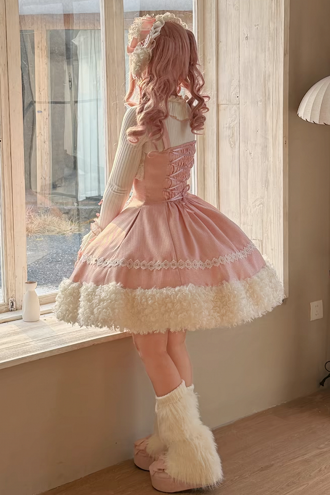 【11月7日予約締切】Yellow/Pink Sweet Lolita Lace Ribbon Fluffy Hem JSK Dress + Ruffle Neck Ribbed Bell Sleeve Top