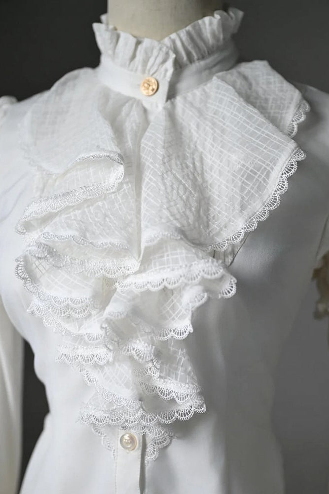 [Pre-order Deadline: July 25] Black/White Gothic Lolita Elegant Ruffle High-Neck Bell-Sleeve Lace Ruffle Shirt