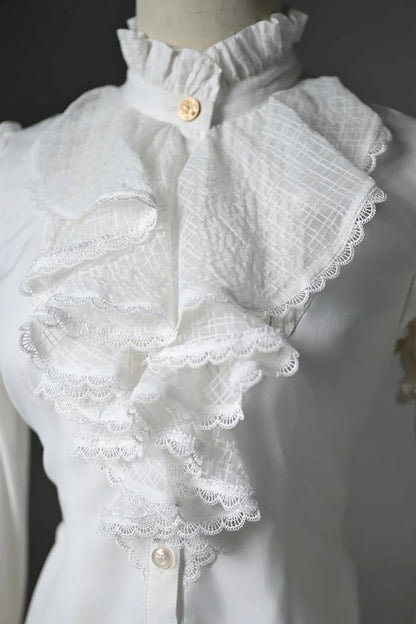 [Pre-order Deadline: July 25] Black/White Gothic Lolita Elegant Ruffle High-Neck Bell-Sleeve Lace Ruffle Shirt