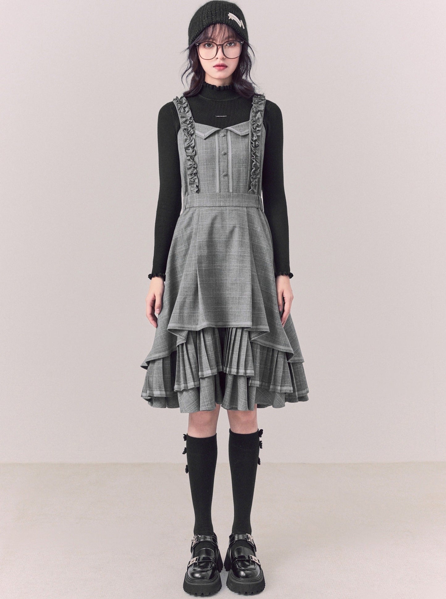 Layered Check Ruffle Suspender Skirt