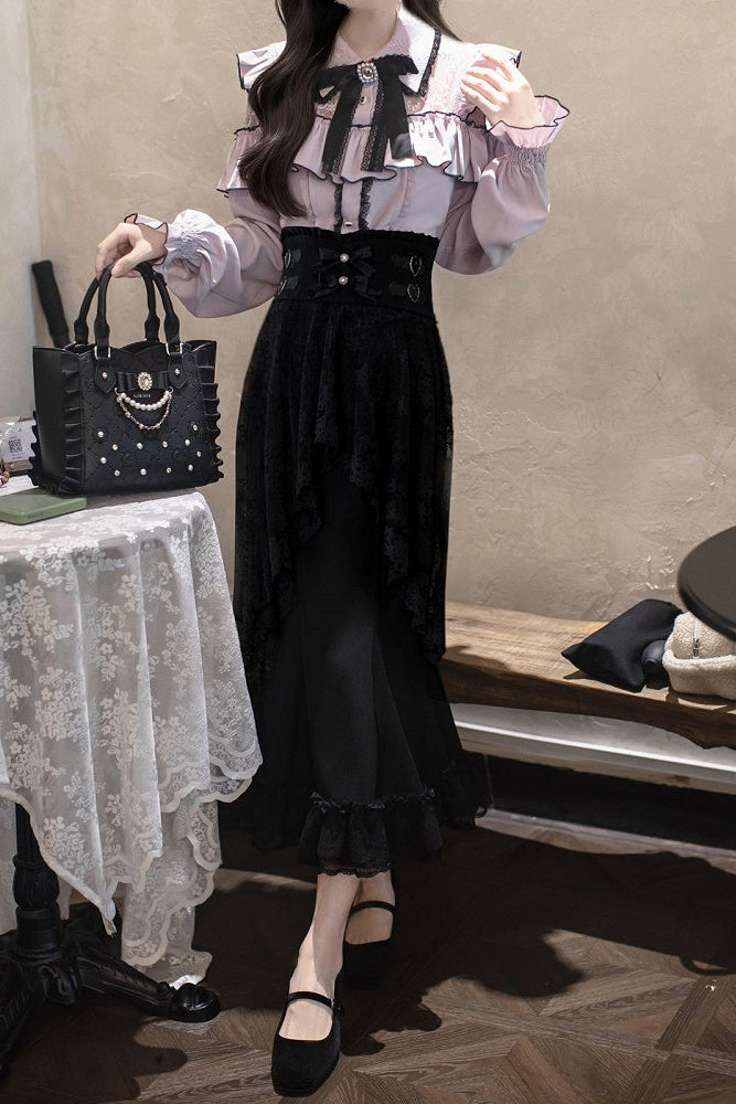 [Termine prenotazione 29 settembre] Blusa rosa in pizzo trasparente con volant e fiocco gioiello + gonna a sirena in tulle a strati + minigonna in pizzo con fiocco gioiello