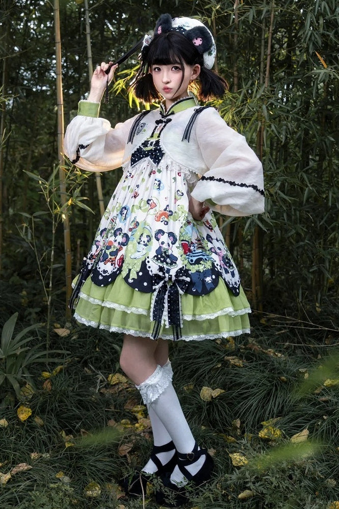 [Pre-order Deadline: October 25] Pink/Green Chinoiserie Lolita Sweet Panda Ear Bow High-Waist Tiered JSK Dress + Bow-Waist Panda Print Dress