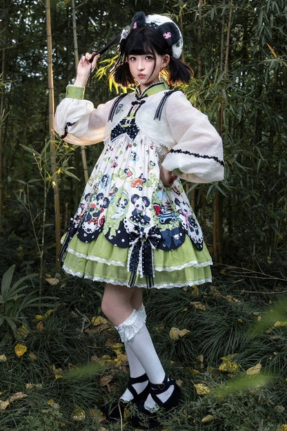 [Pre-order Deadline: October 25] Pink/Green Chinoiserie Lolita Sweet Panda Ear Bow High-Waist Tiered JSK Dress + Bow-Waist Panda Print Dress