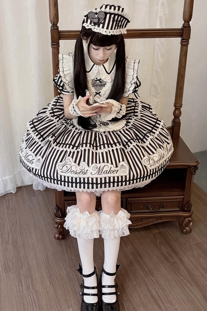 【6月18日予約締切】ピンク/ ブルー/ブラックスイートメイドロリータキャンディストライプティアードドレス＋ドレスセット1/2/3