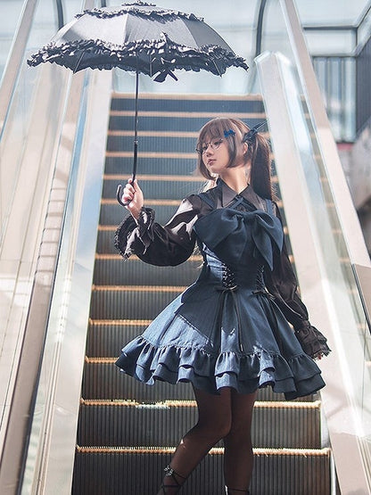 【12月26日予約締切】ゴシックロリータダークカラーストライプリボンサスドレス
