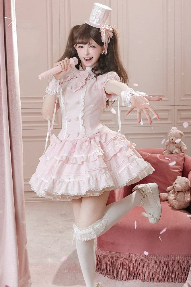 【10月23日予約締切】Pink Sweet Lolita Puff Sleeve Bow Frill Dress＋Full Set (with Hat and Wrist Cuffs)