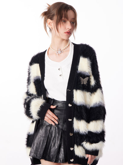 Butterfly Striped Fur Knit Cardigan