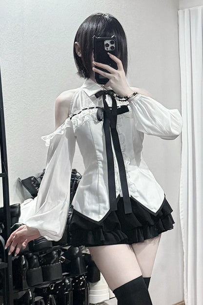 [Vorbestellschluss: 1015] Weiße Gothic-Spitzenbluse mit langen Ärmeln und Cut-out-Schultern&nbsp;mit abnehmbaren Schleifen+Spitzen-Boxfaltenrock