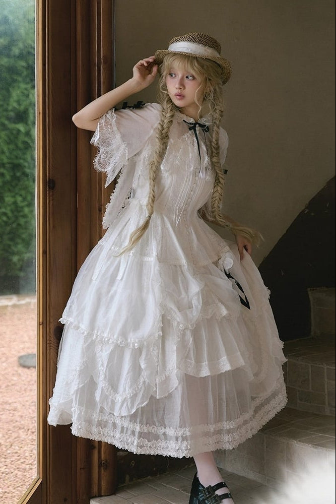 [Reservierungsschluss 18. August] Weiße Fairy-Lace-Rüschen-Lolita-Kapuzen-Shortjacke mit Hasenohren + Innenrock (Petticoat)