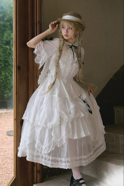 [Reservierungsschluss 18. August] Weiße Fairy-Lace-Rüschen-Lolita-Kapuzen-Shortjacke mit Hasenohren + Innenrock (Petticoat)