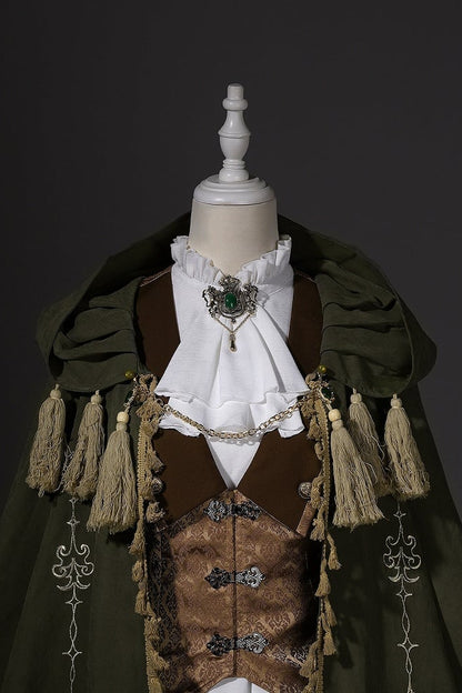 [Clôture des précommandes le 6 novembre] Ensemble robe gothique classique fantaisie blanche à manches longues avec col à volants + cape verte à capuche brodée avec pampilles + gilet marron jacquard