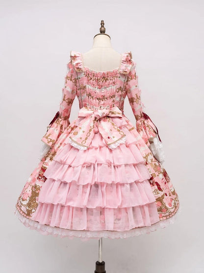 【4月26日予約締切】レトロロマンスイートロリータリボンケーキプリントゴージャス姫袖ドレス