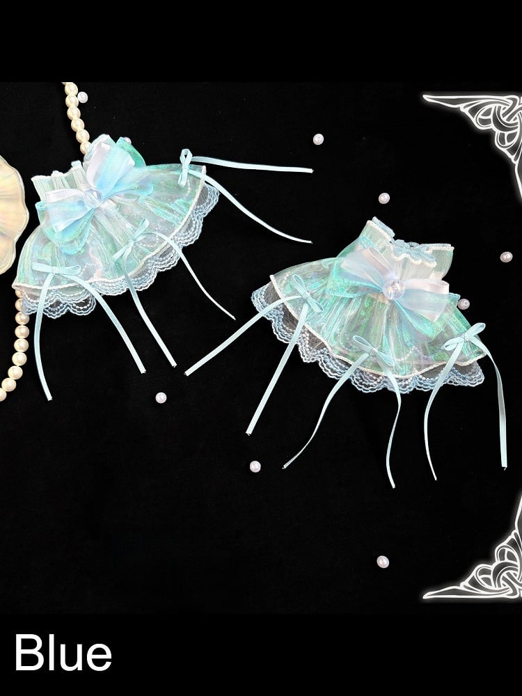 [Vorbestellfrist 1. August] Accessoires der Quallen-Fee-Serie in Blau/Weiß/Lila (muschelförmiger Kopfschmuck mit langer Schleppe, Quallen-Haarspange, Handgelenk-Manschetten, Perlen-Spitzen-Choker, Quallen-Kopfstück/Handaccessoire)