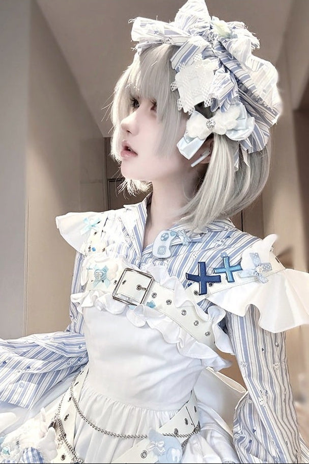 【11月5日予約締切】Blue White Striped Medical Lolita Ruffles Hairband