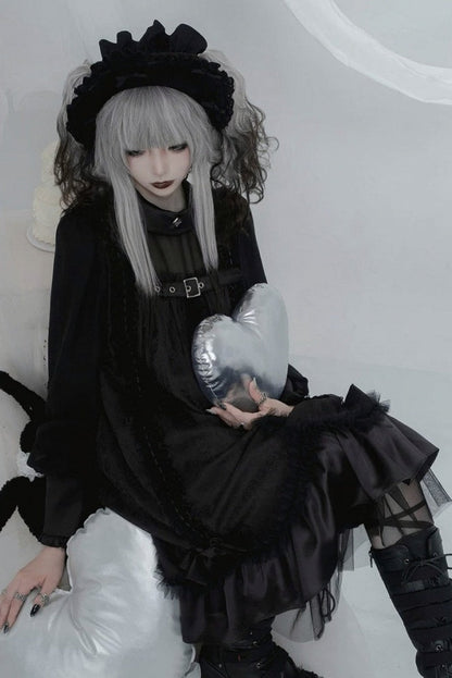 【8月25日予約締切】ティンドールブラックホワイトゴシックロリータレースバックルチュールレイヤードリボンドレス