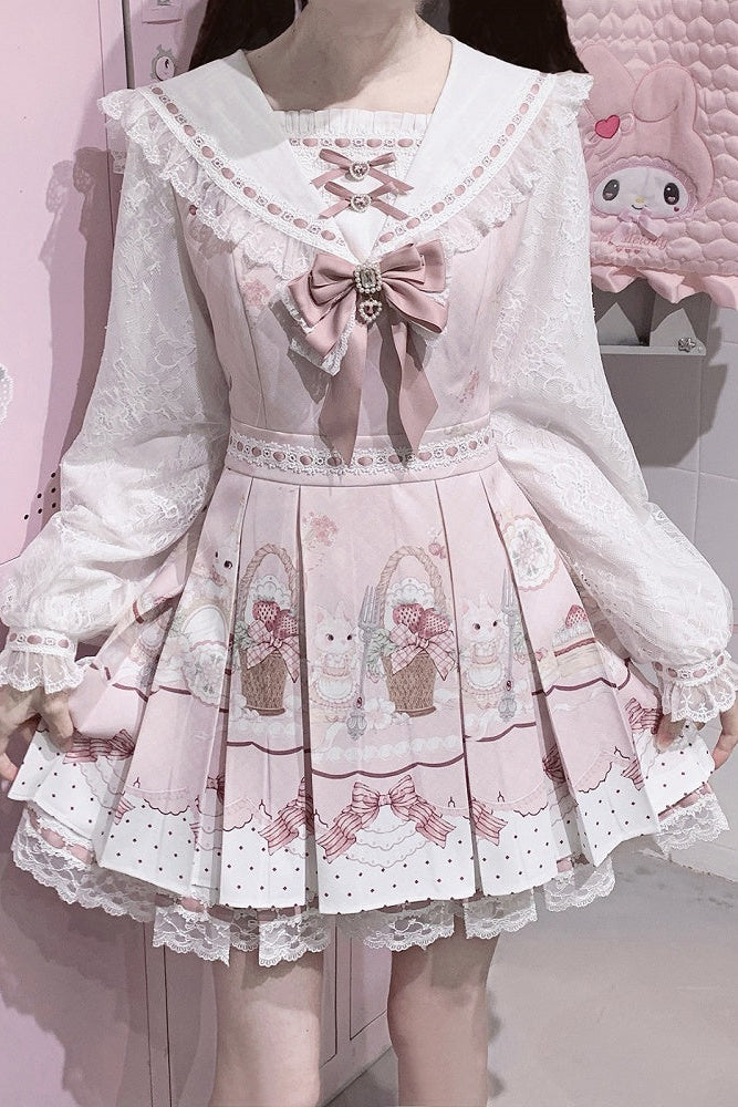 【8月30日予約締切】Pink and white rabbit print lace sailor collar Op dress +pleated dress skirt set＋ 3 Styles of Bow Tie Available
