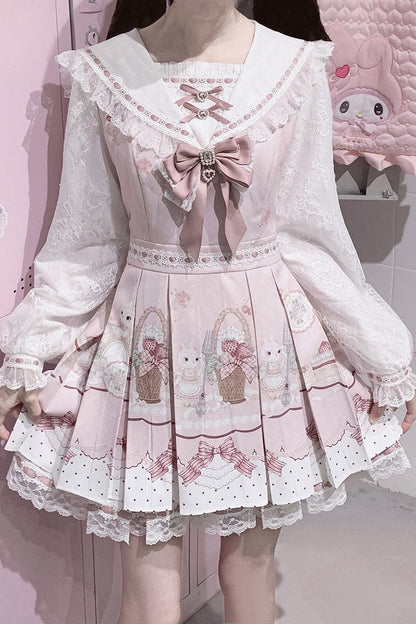 【8月30日予約締切】Pink and white rabbit print lace sailor collar Op dress +pleated dress skirt set＋ 3 Styles of Bow Tie Available