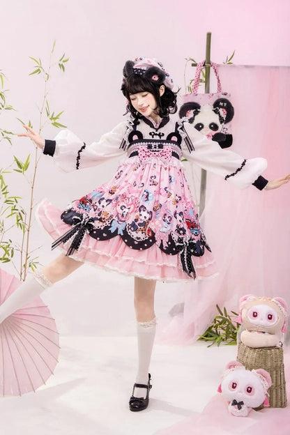 [Pre-order Deadline: October 25] Pink/Green Chinoiserie Lolita Sweet Panda Ear Bow High-Waist Tiered JSK Dress + Bow-Waist Panda Print Dress