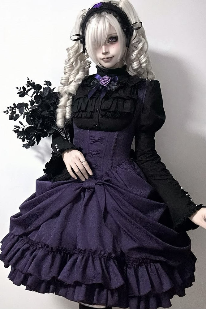 【4月18日予約締切】ダークゴシックロリータスタンドカラーパフスリーブラッフルシャツ（ロングスリーブ付き）