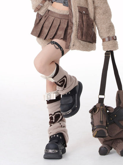 Brown Leather Belt Stand Collar Boa Jacket + Splicing Short Pleated Skirt